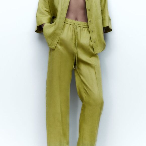 Zara 100% Linen Green Pants New - Picture 5 of 9